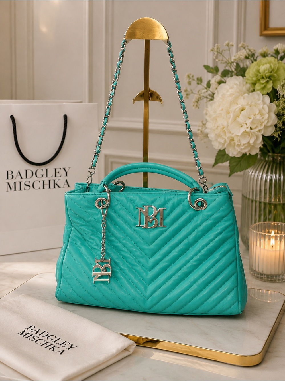 ✨ Badgley Mischka Chevron Quilted Shoulder Bag — Teal/Mint Green